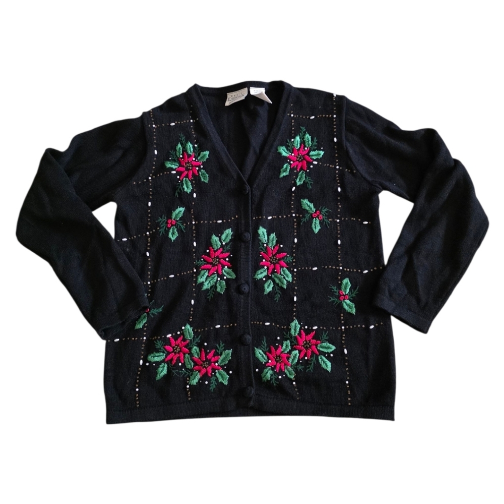 BASIC EDITIONS HOLIDAY Vintage Christmas Floral Cardigan Black - Size Small